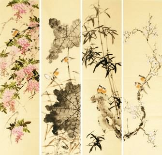 Chinese Four Screens of Flowers and Birds Painting,34cm x 138cm,2340113-x