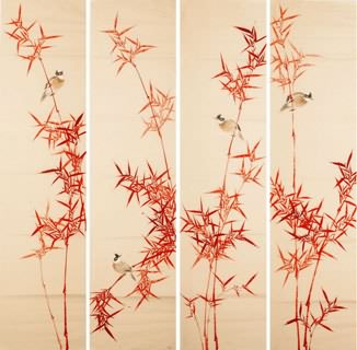 Chinese Four Screens of Flowers and Birds Painting,33cm x 130cm,2340114-x
