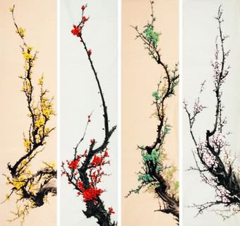 Chinese Four Screens of Flowers and Birds Painting,33cm x 130cm,2340116-x