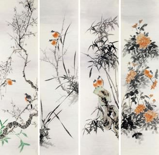 Chinese Four Screens of Flowers and Birds Painting,33cm x 130cm,2340117-x