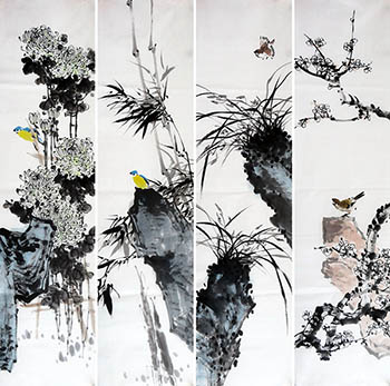 Chinese Four Screens of Flowers and Birds Painting,34cm x 138cm,2350012-x