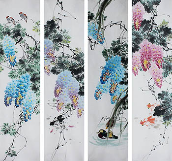Chinese Four Screens of Flowers and Birds Painting,34cm x 138cm,2350013-x
