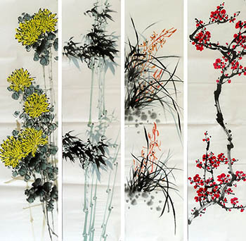 Chinese Four Screens of Flowers and Birds Painting,35cm x 136cm,2350014-x