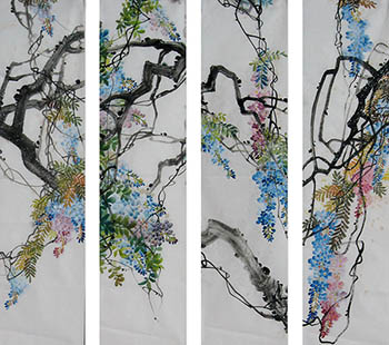 Chinese Four Screens of Flowers and Birds Painting,35cm x 136cm,2350015-x