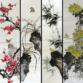 Chinese Four Screens of Flowers and Birds Painting,45cm x 138cm,2350016-x
