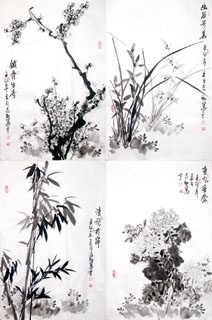 Chinese Four Screens of Flowers and Birds Painting,69cm x 46cm,2360092-x