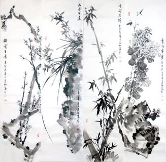 Chinese Four Screens of Flowers and Birds Painting,34cm x 138cm,2360093-x