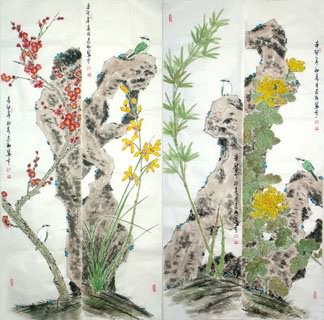 Chinese Four Screens of Flowers and Birds Painting,34cm x 138cm,2360094-x