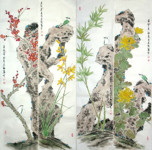 Four Screens of Flowers and Birds,34cm x 138cm(13〃 x 54〃),2360094-z