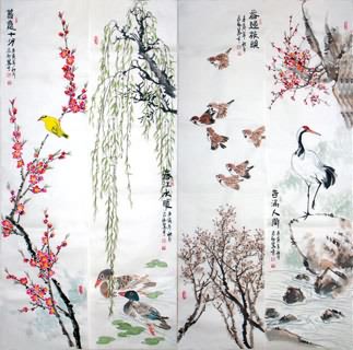 Chinese Four Screens of Flowers and Birds Painting,34cm x 138cm,2360095-x