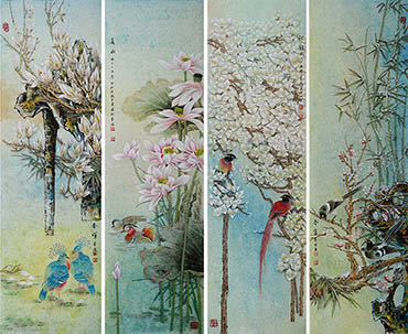 Chinese Four Screens of Flowers and Birds Painting,33cm x 110cm,2384019-x