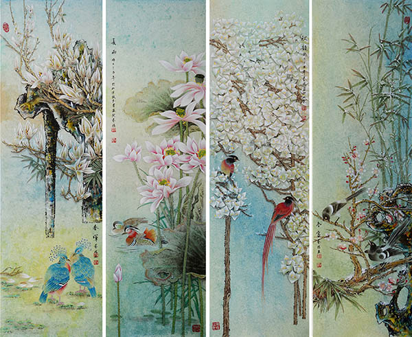 Four Screens of Flowers and Birds,33cm x 110cm(13〃 x 43〃),2384019-z
