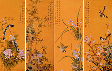 Chinese Four Screens of Flowers and Birds Painting,30cm x 90cm,2384020-x