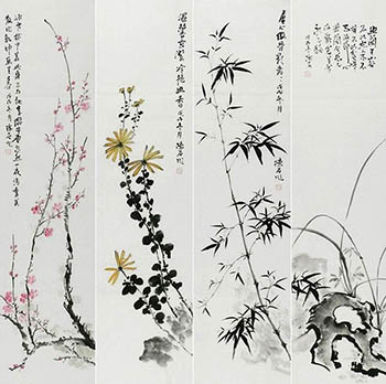Chinese Four Screens of Flowers and Birds Painting,35cm x 136cm,2407111-x