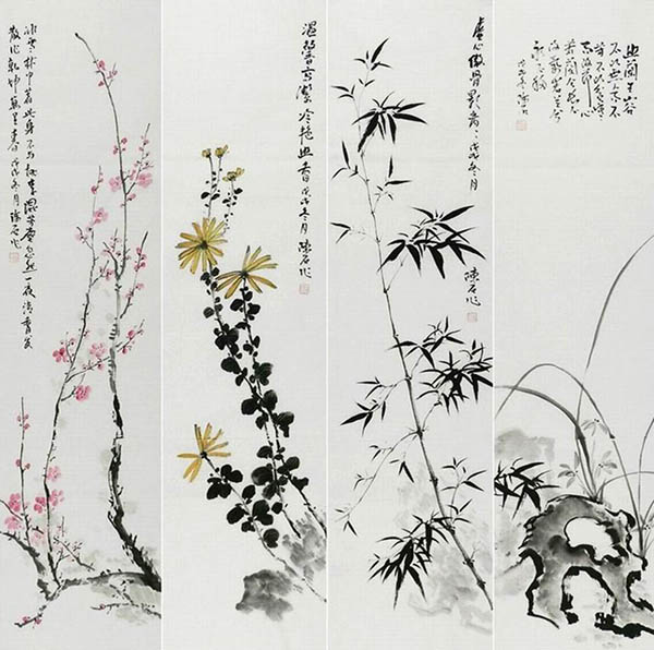 Four Screens of Flowers and Birds,35cm x 136cm(14〃 x 53〃),2407111-z