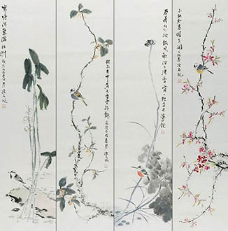 Chinese Four Screens of Flowers and Birds Painting,33cm x 130cm,2407112-x