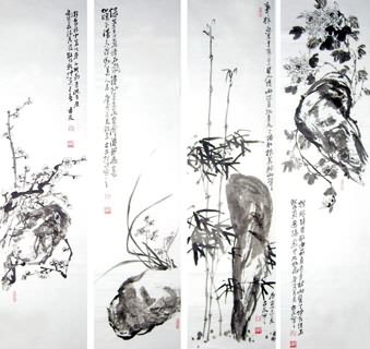 Chinese Four Screens of Flowers and Birds Painting,34cm x 96cm,2412014-x