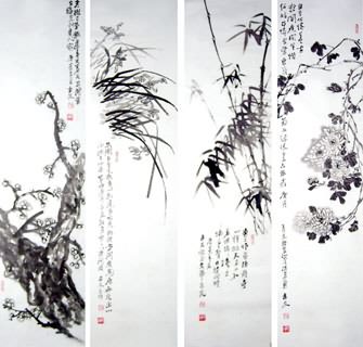 Chinese Four Screens of Flowers and Birds Painting,34cm x 96cm,2412015-x