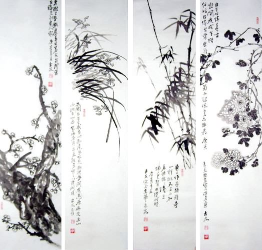 Four Screens of Flowers and Birds,34cm x 96cm(13〃 x 38〃),2412015-z