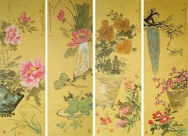 Chinese Four Screens of Flowers and Birds Painting,34cm x 96cm,2414017-x