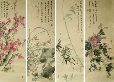 Chinese Four Screens of Flowers and Birds Painting,30cm x 90cm,2414018-x