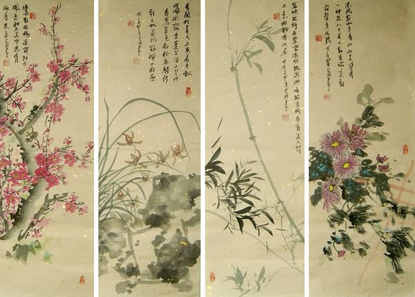 Four Screens of Flowers and Birds,30cm x 90cm(12〃 x 35〃),2414018-z