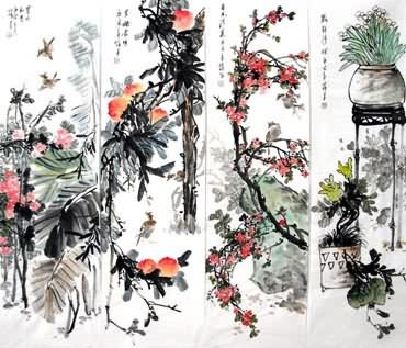 Chinese Four Screens of Flowers and Birds Painting,33cm x 117cm,2423025-x