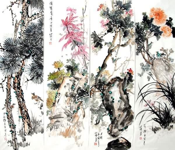 Four Screens of Flowers and Birds,33cm x 117cm(13〃 x 46〃),2423026-z