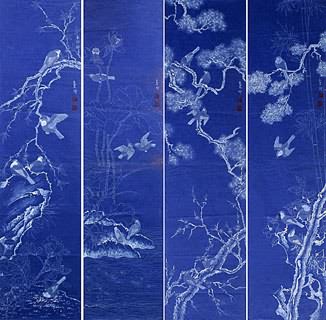 Chinese Four Screens of Flowers and Birds Painting,33cm x 130cm,2471006-x