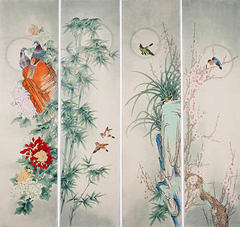 Chinese Four Screens of Flowers and Birds Painting,35cm x 136cm,2527032-x