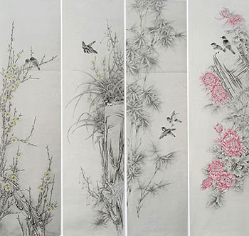 Chinese Four Screens of Flowers and Birds Painting,35cm x 136cm,2527033-x