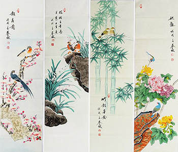 Chinese Four Screens of Flowers and Birds Painting,34cm x 120cm,2527034-x