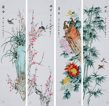 Chinese Four Screens of Flowers and Birds Painting,35cm x 136cm,2527035-x