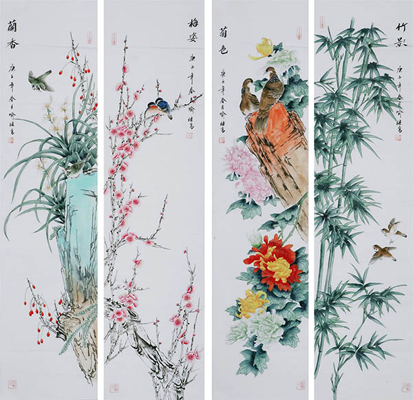 Four Screens of Flowers and Birds,35cm x 136cm(14〃 x 53〃),2527035-z