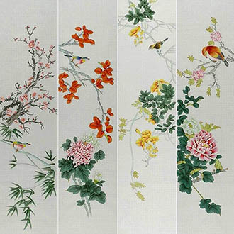 Chinese Four Screens of Flowers and Birds Painting,35cm x 136cm,2527036-x
