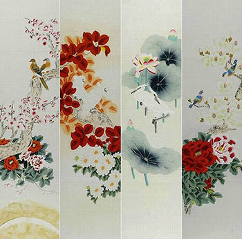 Chinese Four Screens of Flowers and Birds Painting,35cm x 136cm,2527037-x