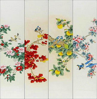 Chinese Four Screens of Flowers and Birds Painting,35cm x 136cm,2527038-x