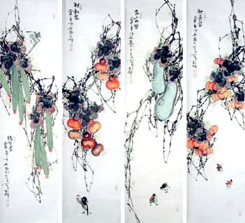 Chinese Four Screens of Flowers and Birds Painting,33cm x 130cm,2559013-x