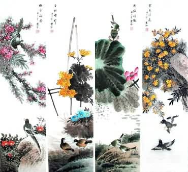 Chinese Four Screens of Flowers and Birds Painting,34cm x 138cm,2567001-x