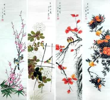Chinese Four Screens of Flowers and Birds Painting,33cm x 130cm,2567002-x