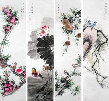 Chinese Four Screens of Flowers and Birds Painting,34cm x 138cm,2567003-x