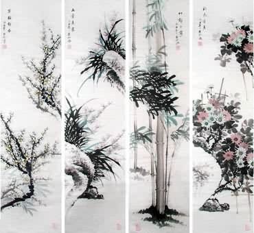 Chinese Four Screens of Flowers and Birds Painting,34cm x 138cm,2567004-x