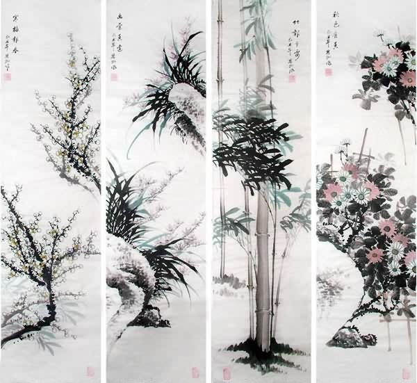 Four Screens of Flowers and Birds,34cm x 138cm(13〃 x 54〃),2567004-z
