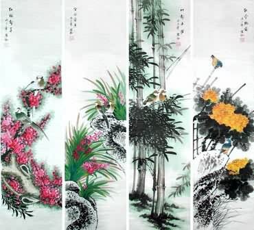 Chinese Four Screens of Flowers and Birds Painting,34cm x 138cm,2567006-x
