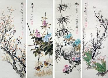 Chinese Four Screens of Flowers and Birds Painting,30cm x 100cm,2568001-x