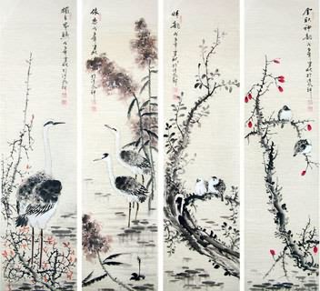 Chinese Four Screens of Flowers and Birds Painting,34cm x 138cm,2568002-x