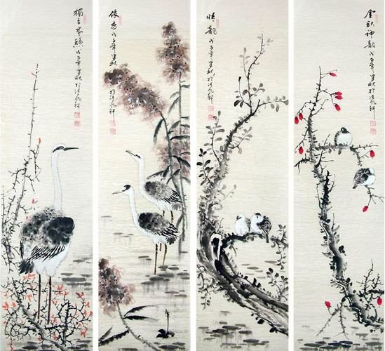 Four Screens of Flowers and Birds,34cm x 138cm(13〃 x 54〃),2568002-z