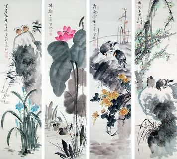 Chinese Four Screens of Flowers and Birds Painting,34cm x 138cm,2568004-x