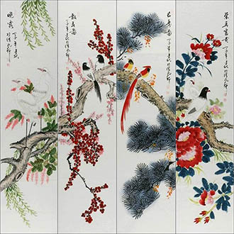 Chinese Four Screens of Flowers and Birds Painting,33cm x 130cm,2568013-x