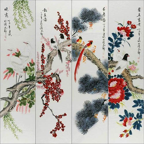 Four Screens of Flowers and Birds,33cm x 130cm(13〃 x 51〃),2568013-z